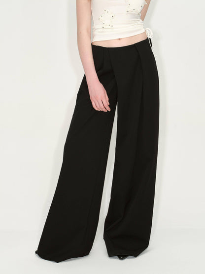 RUN TO THE FUTURE Original Minimal Low Rise Pocket Black Stretch Rayon Blend Women Wide-Leg Pants