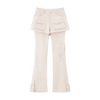 RUN TO THE FUTURE Original Pocket Detail Low Waist Cargo Women Beige Stretch Cotton Flare Pants