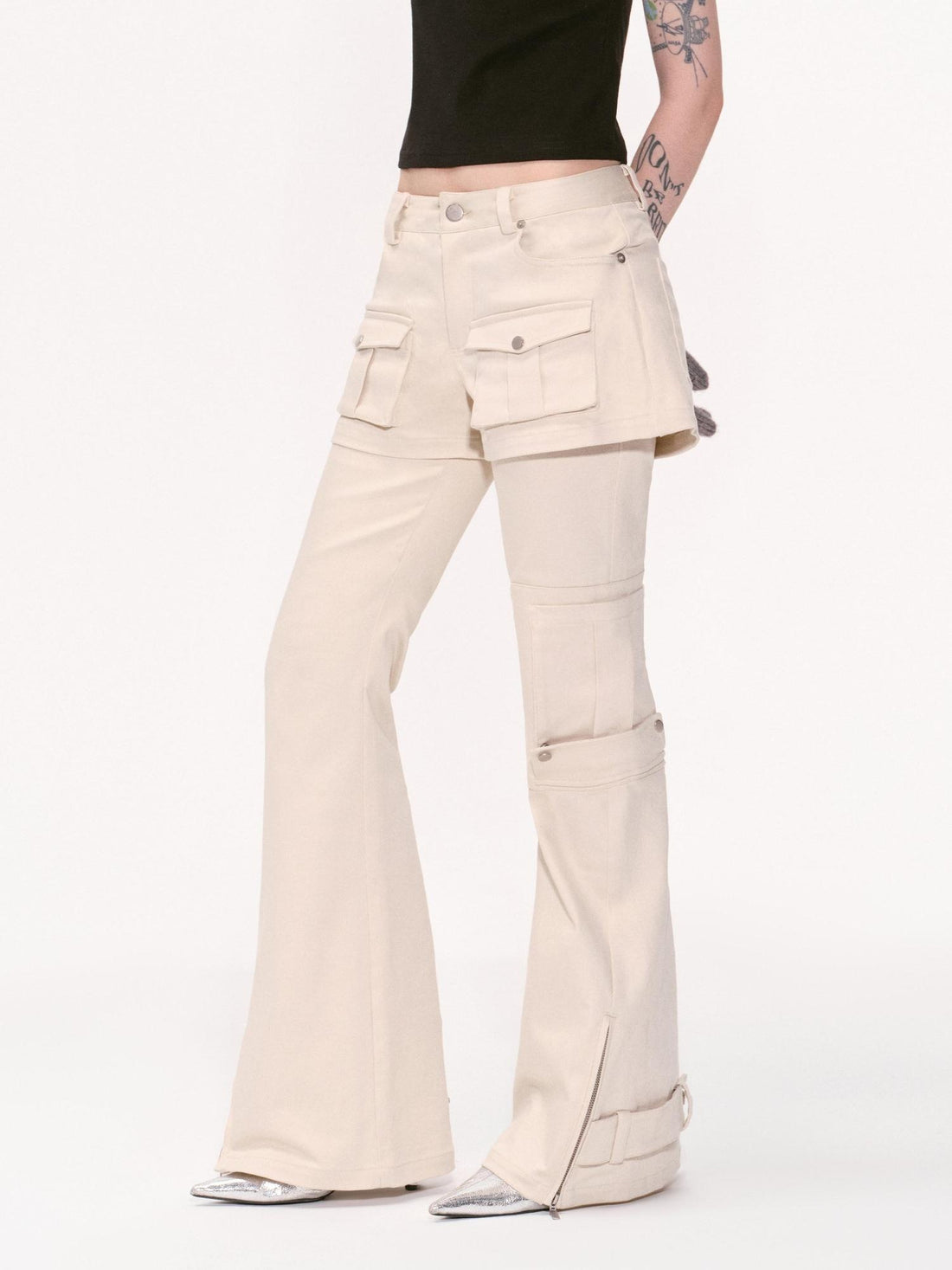 RUN TO THE FUTURE Original Pocket Detail Low Waist Cargo Women Beige Stretch Cotton Flare Pants