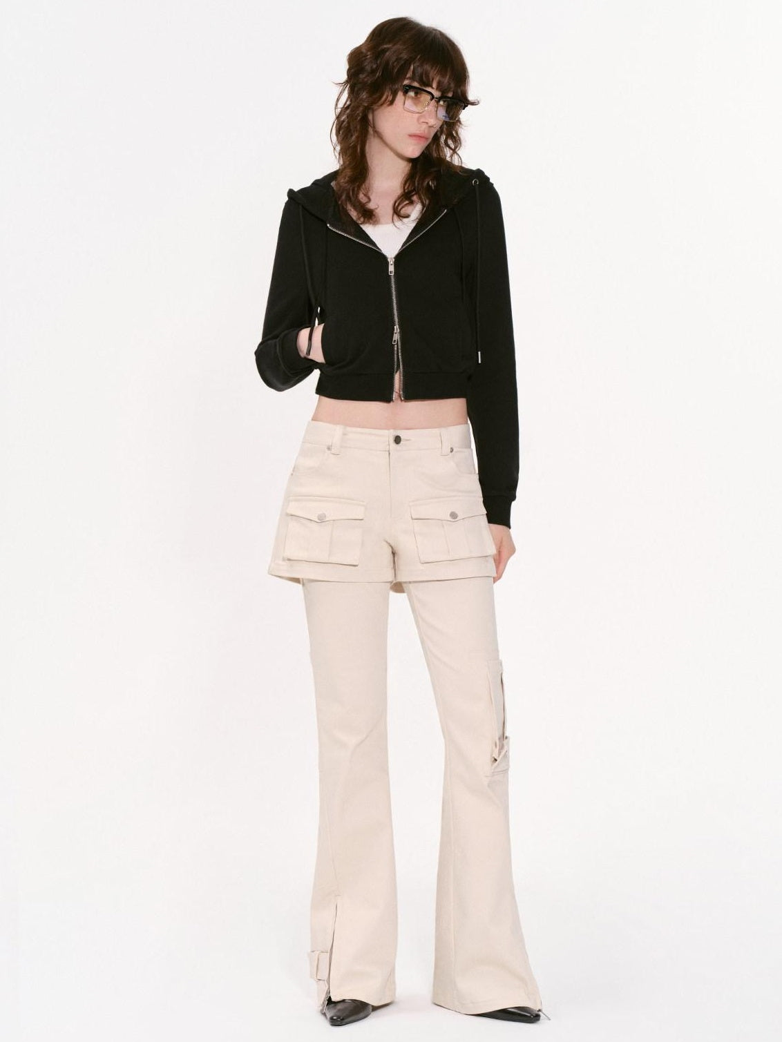 RUN TO THE FUTURE Original Pocket Detail Low Waist Cargo Women Beige Stretch Cotton Flare Pants