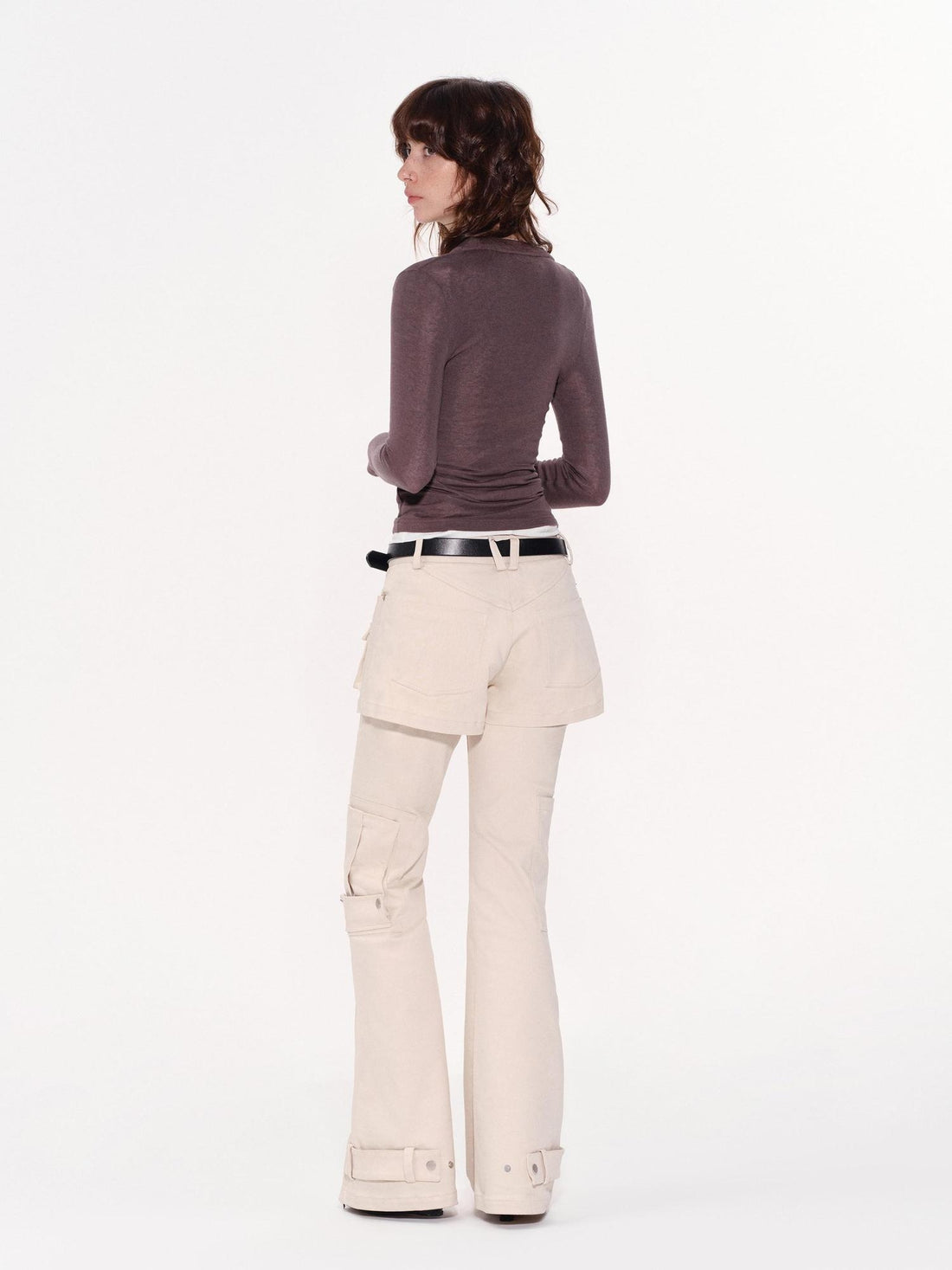 RUN TO THE FUTURE Original Pocket Detail Low Waist Cargo Women Beige Stretch Cotton Flare Pants