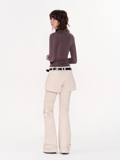 RUN TO THE FUTURE Original Pocket Detail Low Waist Cargo Women Beige Stretch Cotton Flare Pants