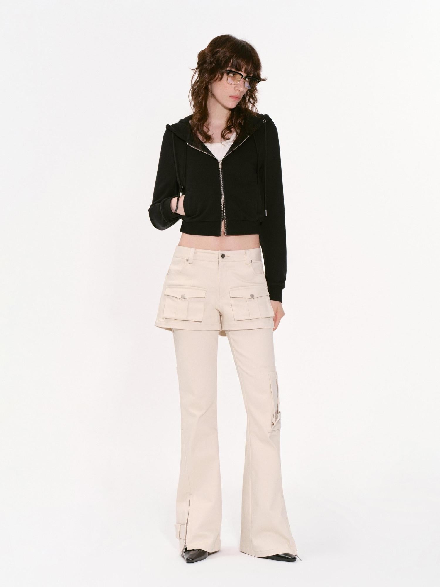 RUN TO THE FUTURE Original Pocket Detail Low Waist Cargo Women Beige Stretch Cotton Flare Pants