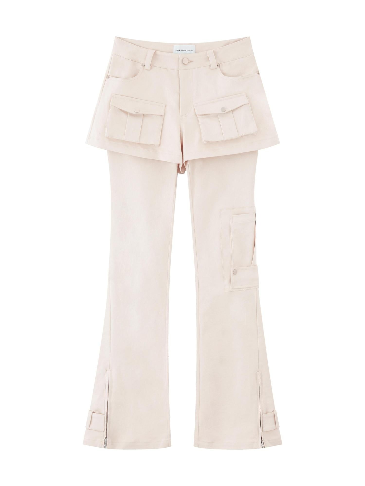 RUN TO THE FUTURE Original Pocket Detail Low Waist Cargo Women Beige Stretch Cotton Flare Pants
