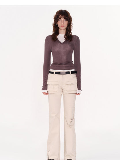RUN TO THE FUTURE Original Pocket Detail Low Waist Cargo Women Beige Stretch Cotton Flare Pants