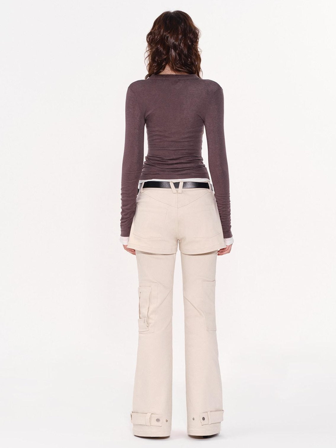 RUN TO THE FUTURE Original Pocket Detail Low Waist Cargo Women Beige Stretch Cotton Flare Pants