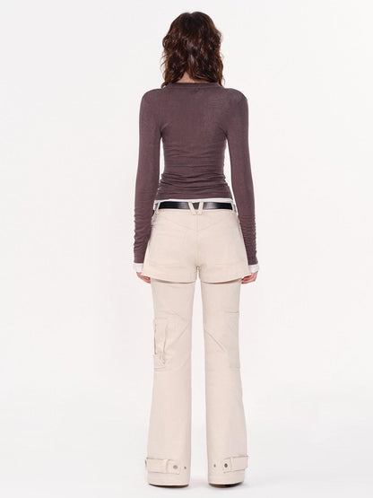 RUN TO THE FUTURE Original Pocket Detail Low Waist Cargo Women Beige Stretch Cotton Flare Pants