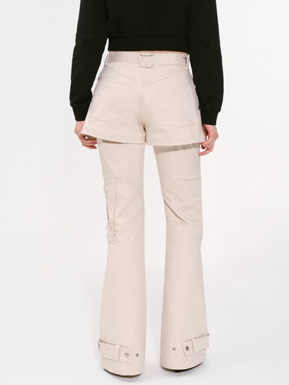 RUN TO THE FUTURE Original Pocket Detail Low Waist Cargo Women Beige Stretch Cotton Flare Pants