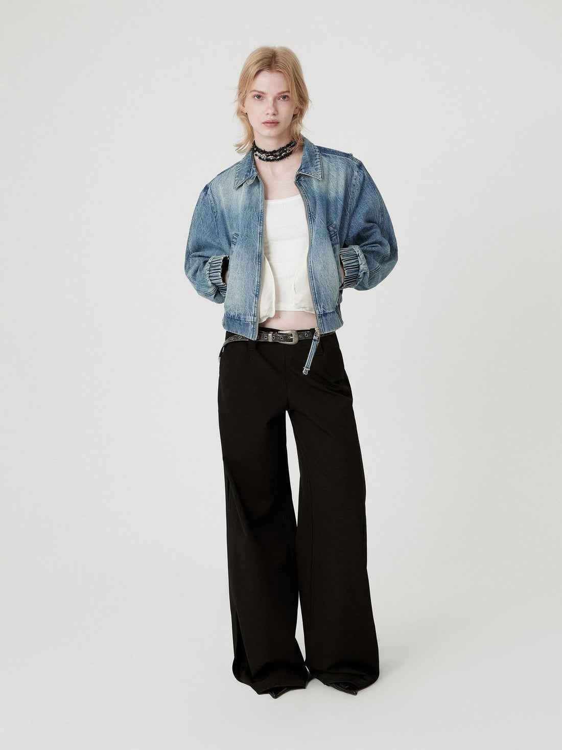 RUN TO THE FUTURE Original Pocketed Low Rise Zip Fly Stretch Women Premium Black Wide-Leg Pants