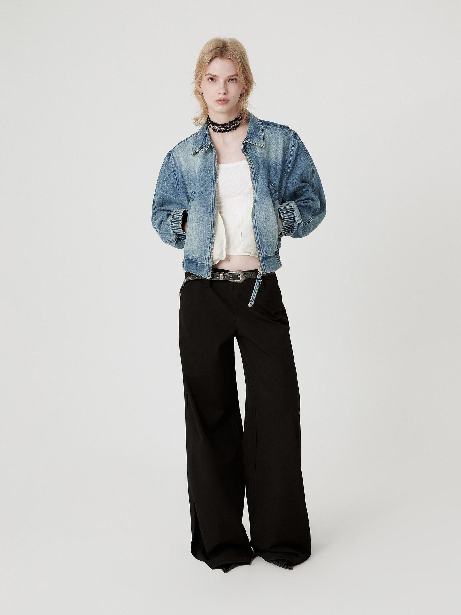 RUN TO THE FUTURE Original Pocketed Low Rise Zip Fly Stretch Women Premium Black Wide-Leg Pants
