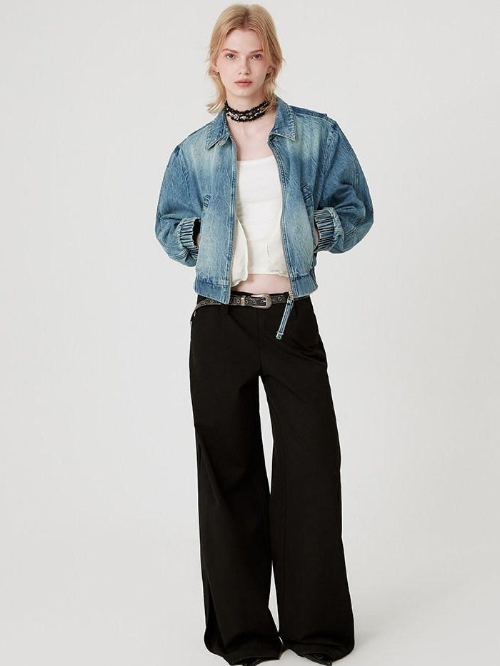 RUN TO THE FUTURE Original Pocketed Low Rise Zip Fly Stretch Women Premium Black Wide-Leg Pants