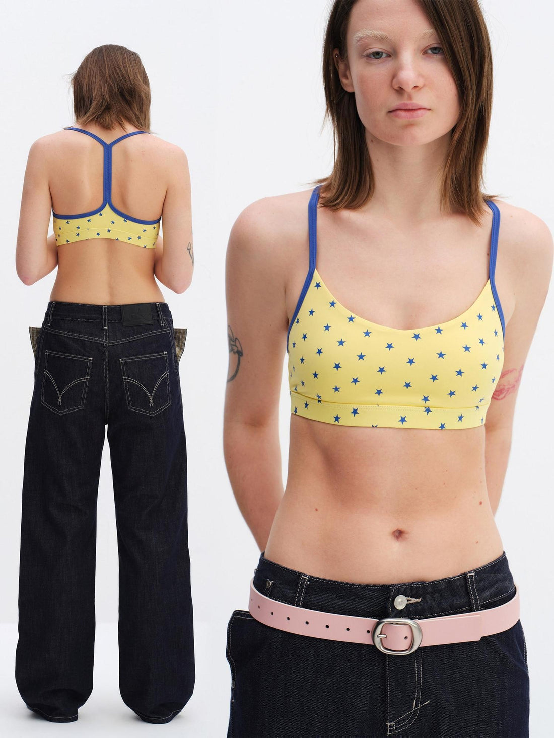 RUN TO THE FUTURE Original Star Print Slim Fit U Neck Elastic Hem Cropped With Pad Camisoles