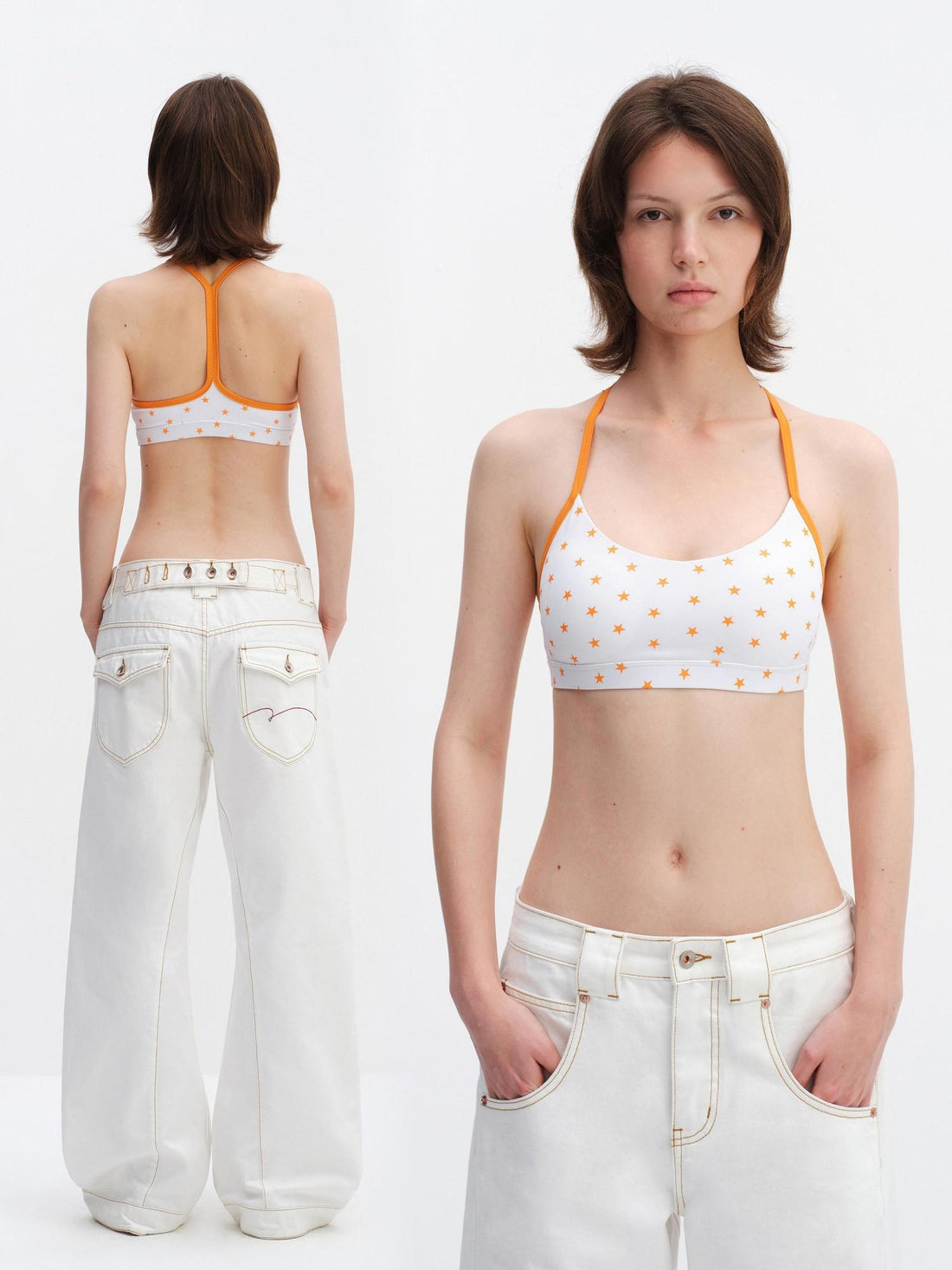 RUN TO THE FUTURE Original Star Print Slim Fit U Neck Elastic Hem Cropped With Pad Camisoles