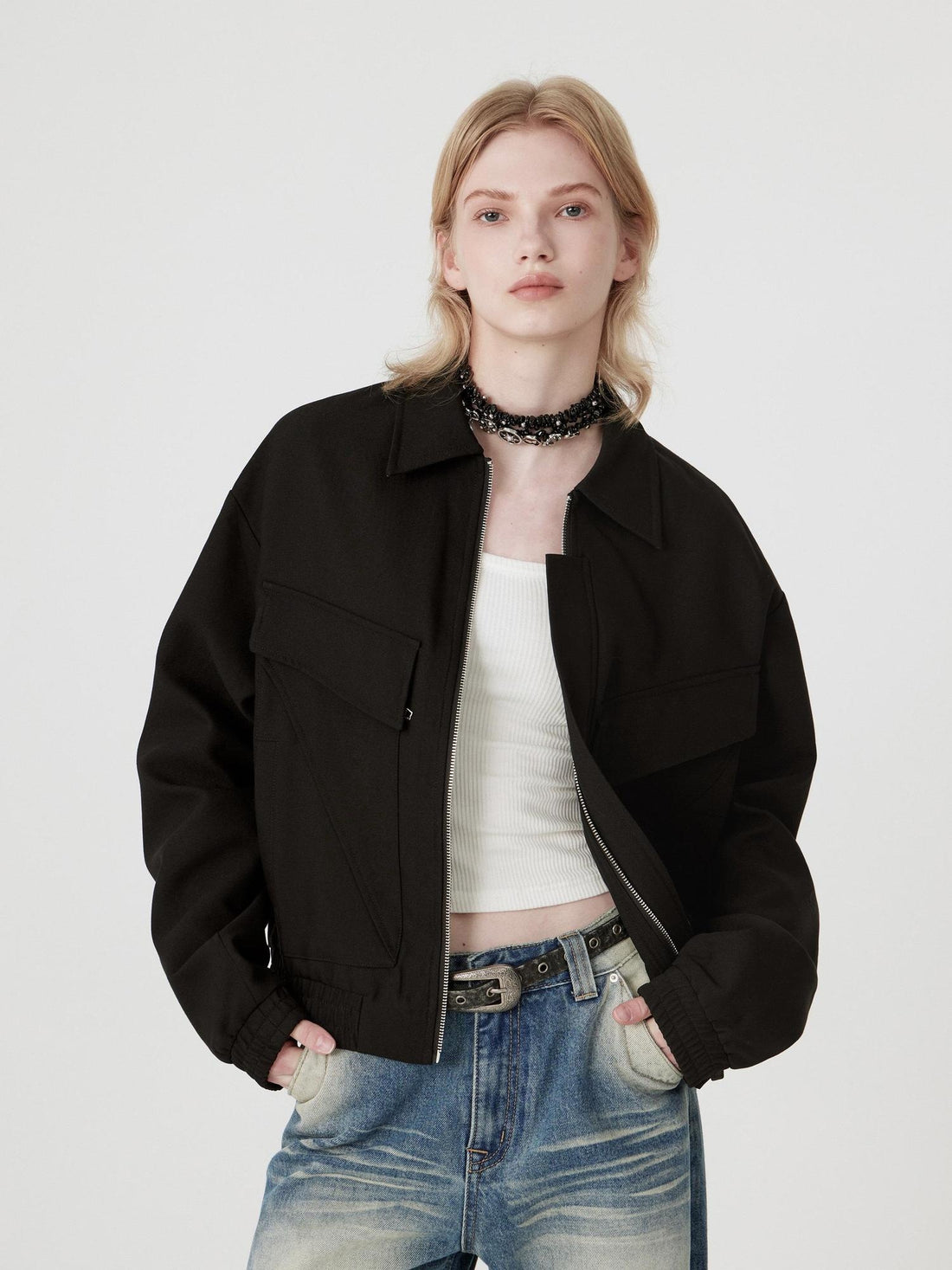 RUN TO THE FUTURE Original Straight Fit Multi Pocket Zip Front Black Polyester Track Jackets