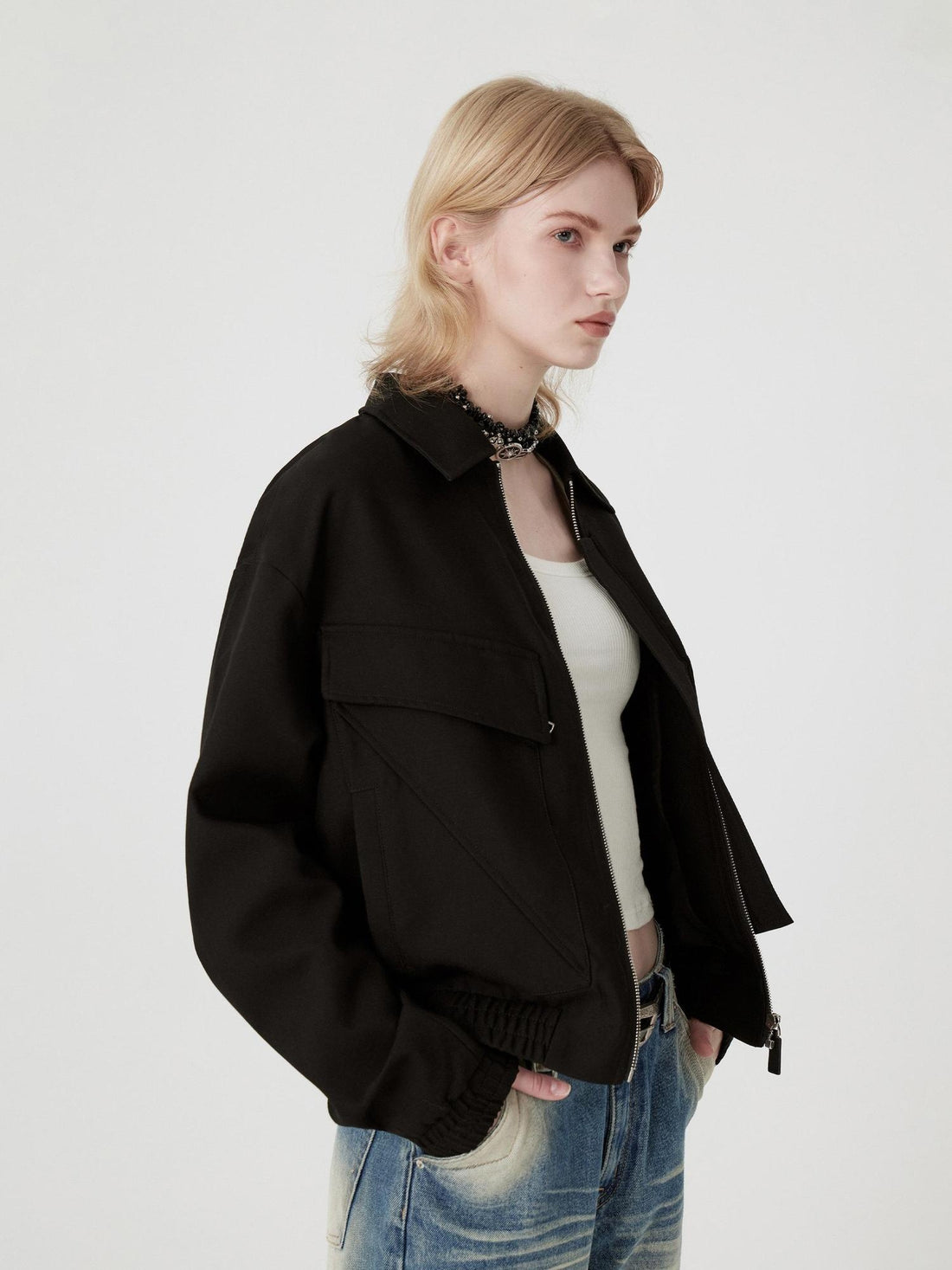 RUN TO THE FUTURE Original Straight Fit Multi Pocket Zip Front Black Polyester Track Jackets