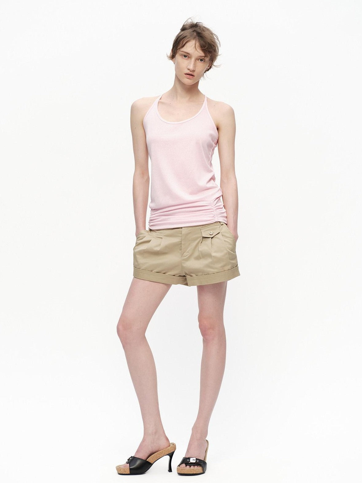 RUN TO THE FUTURE Pink Shirred U Neck Backless Slim Long Women&