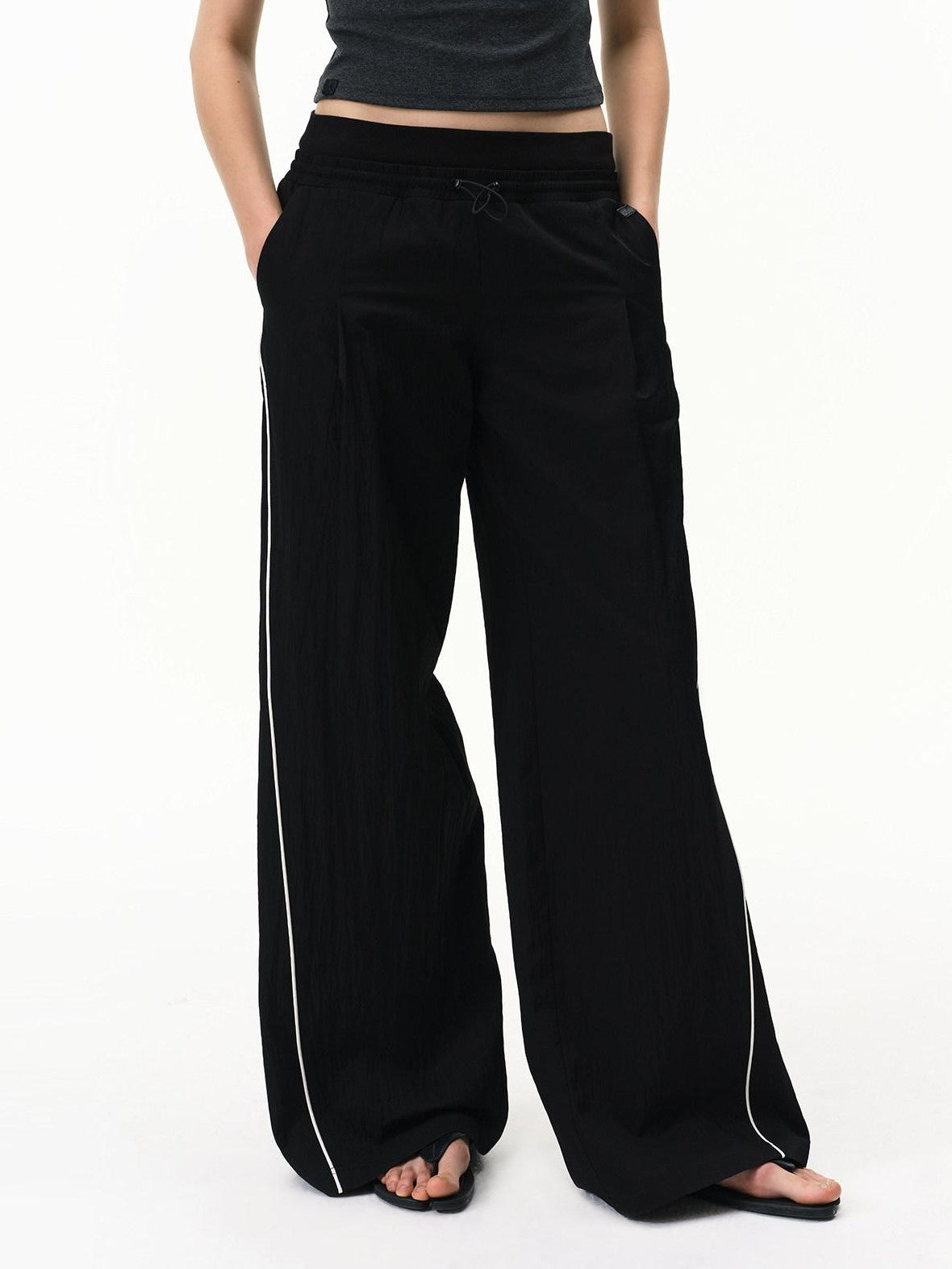 RUN TO THE FUTURE Pinstripe Double Waistband Elastic Mid Rise Women&