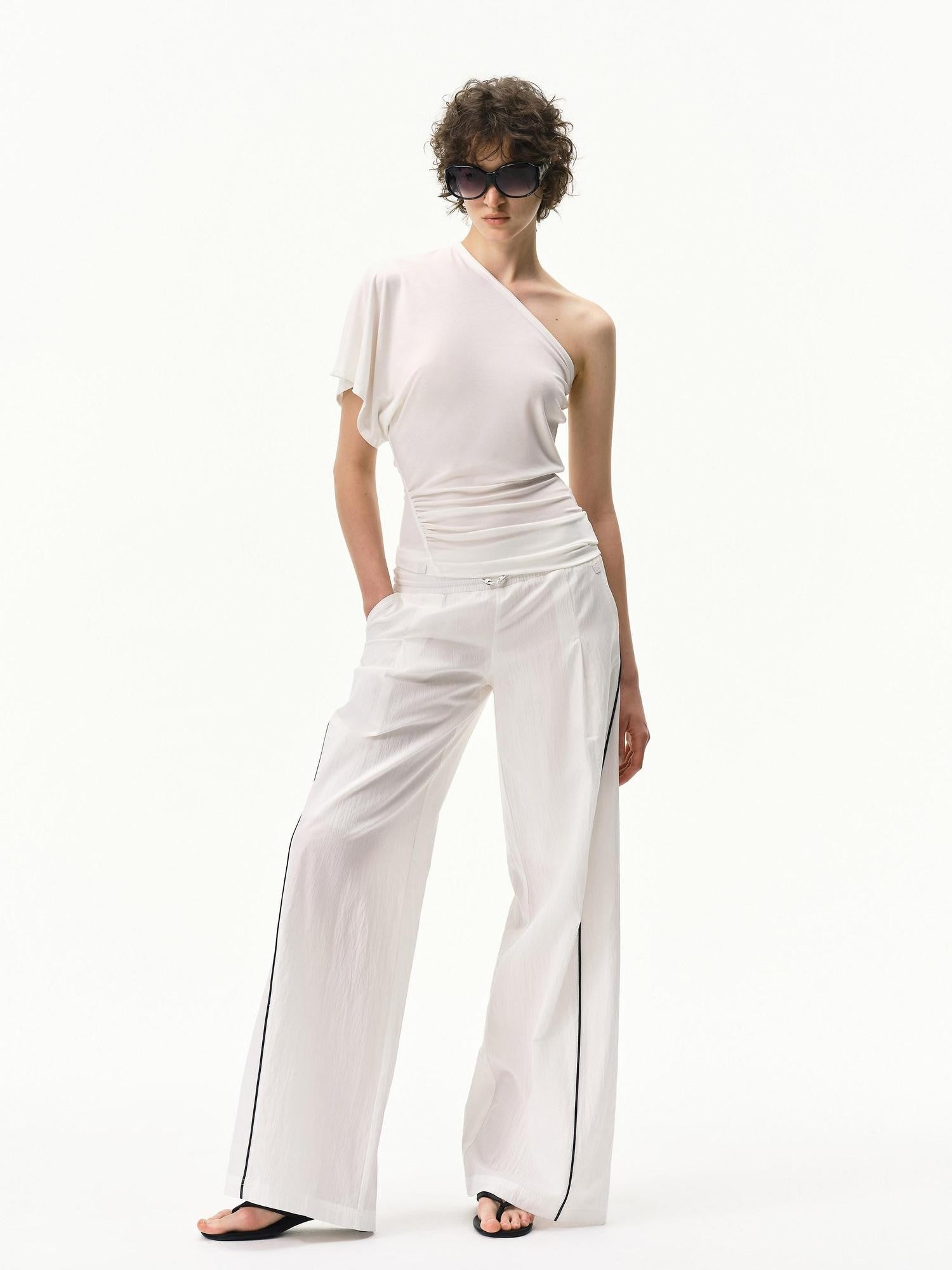 RUN TO THE FUTURE Pinstripe Double Waistband Elastic Mid Rise Women&