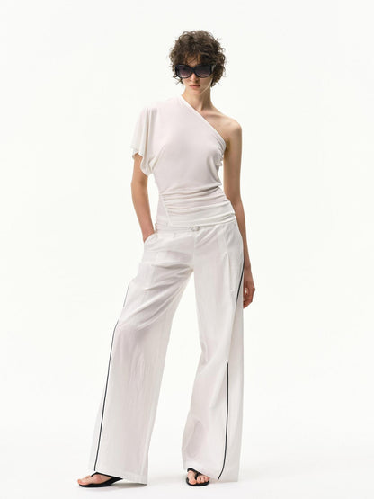 RUN TO THE FUTURE Pinstripe Double Waistband Elastic Mid Rise Women&