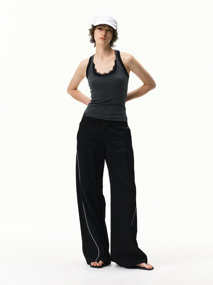 RUN TO THE FUTURE Pinstripe Double Waistband Elastic Mid Rise Women&