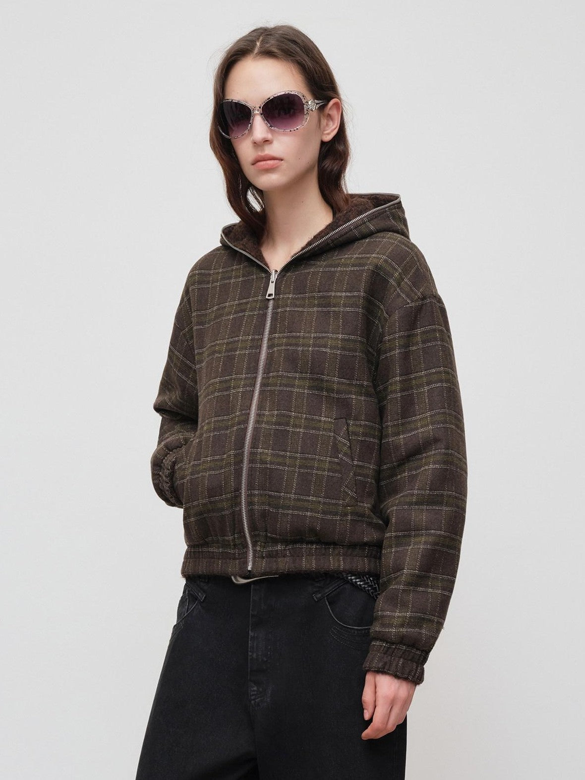 RUN TO THE FUTURE Plaid Colorblock Hooded Reversible Short Women&