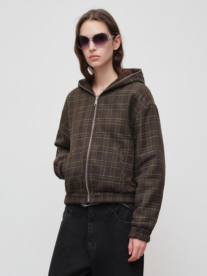 RUN TO THE FUTURE Plaid Colorblock Hooded Reversible Short Women&
