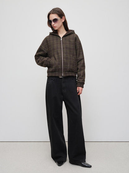 RUN TO THE FUTURE Plaid Colorblock Hooded Reversible Short Women&