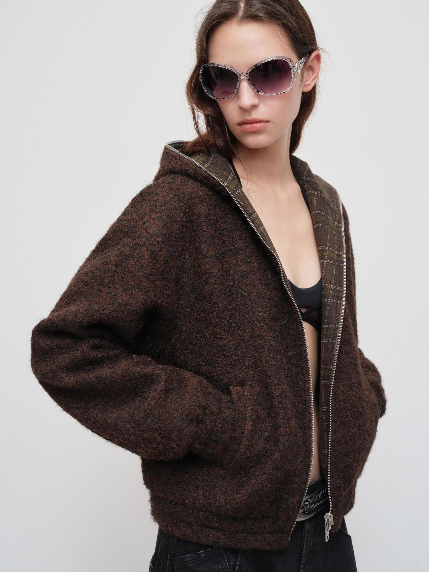 RUN TO THE FUTURE Plaid Colorblock Hooded Reversible Short Women&
