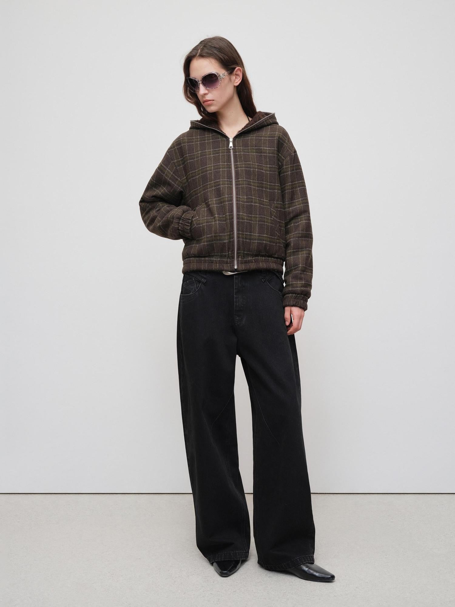 RUN TO THE FUTURE Plaid Colorblock Hooded Reversible Short Women&