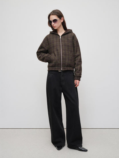 RUN TO THE FUTURE Plaid Colorblock Hooded Reversible Short Women&