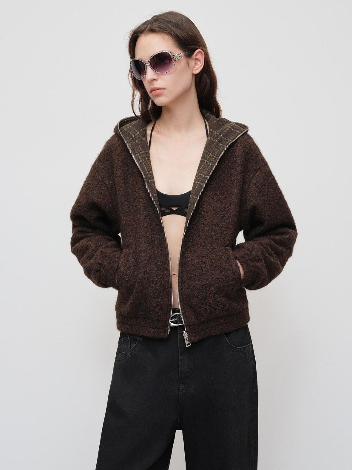 RUN TO THE FUTURE Plaid Colorblock Hooded Reversible Short Women&