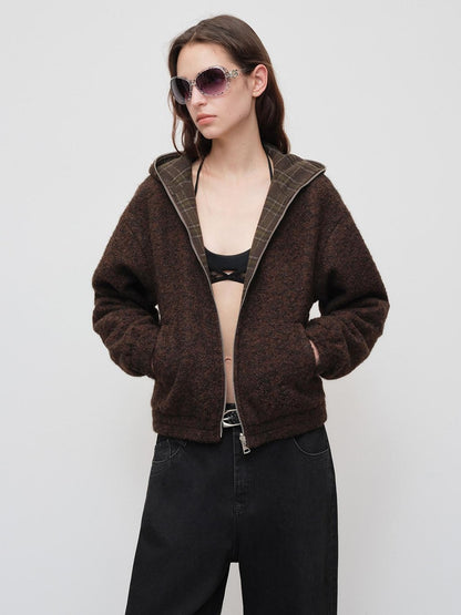 RUN TO THE FUTURE Plaid Colorblock Hooded Reversible Short Women&