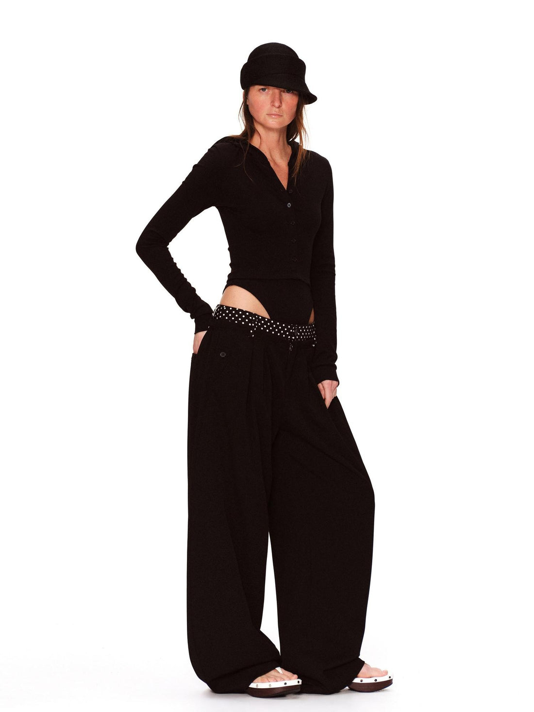 RUN TO THE FUTURE Polka Dot Patchwork Pleated Mid Low Rise Casual Unisex Wide Leg Pants