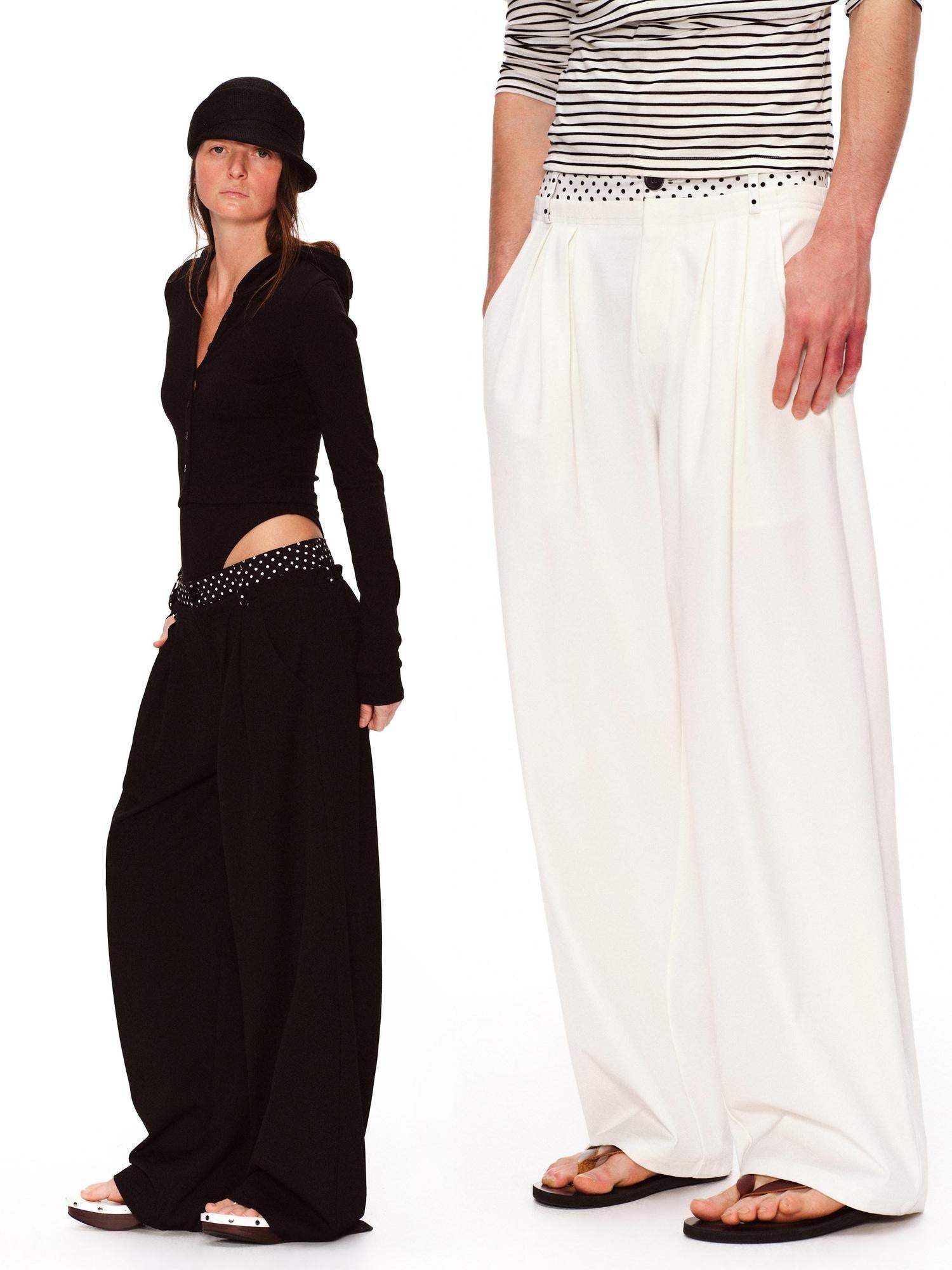 RUN TO THE FUTURE Polka Dot Patchwork Pleated Mid Low Rise Casual Unisex Wide Leg Pants
