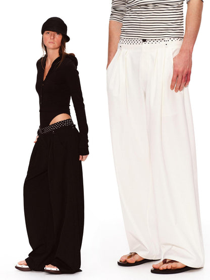 RUN TO THE FUTURE Polka Dot Patchwork Pleated Mid Low Rise Casual Unisex Wide Leg Pants