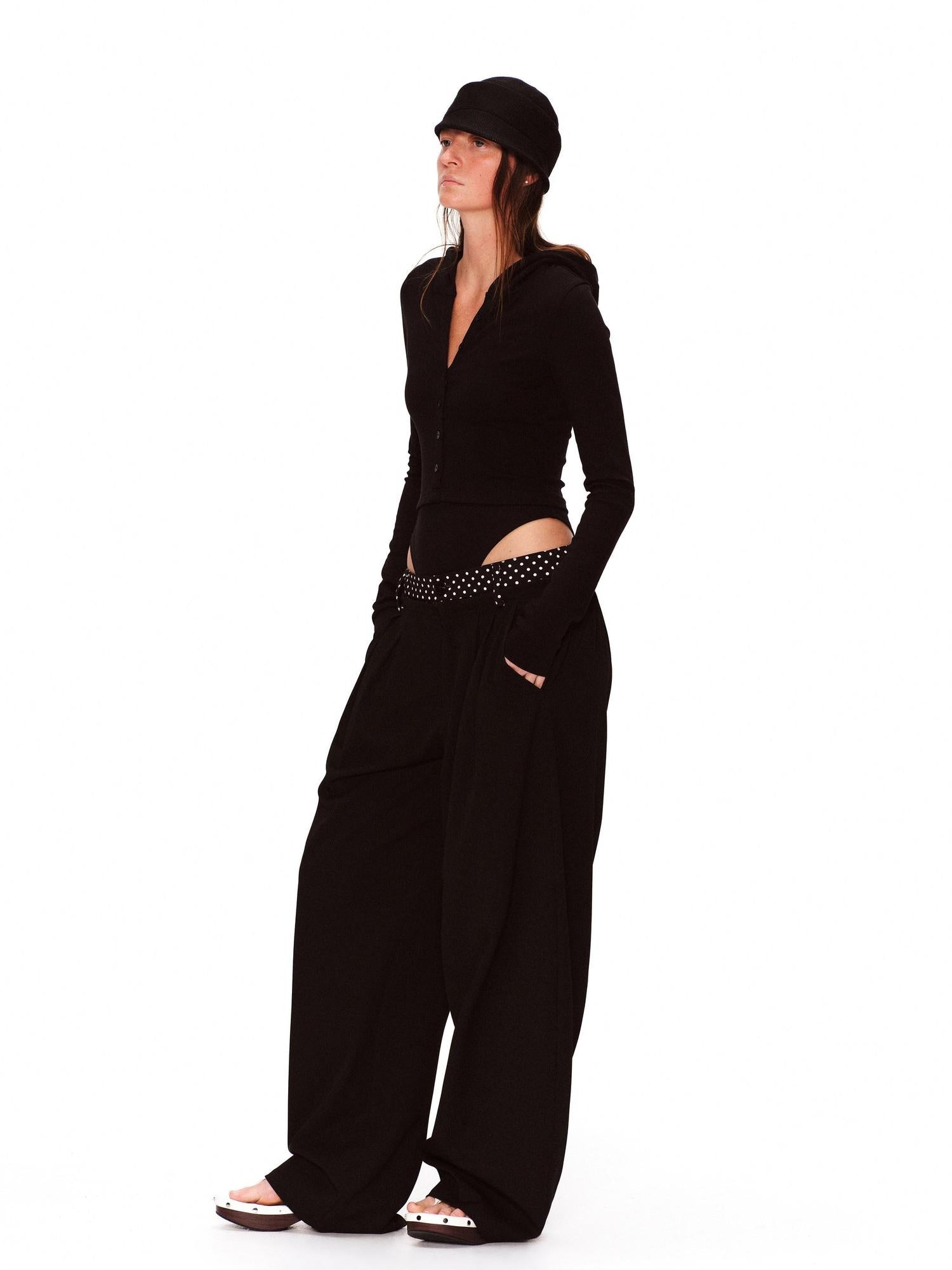 RUN TO THE FUTURE Polka Dot Patchwork Pleated Mid Low Rise Casual Unisex Wide Leg Pants