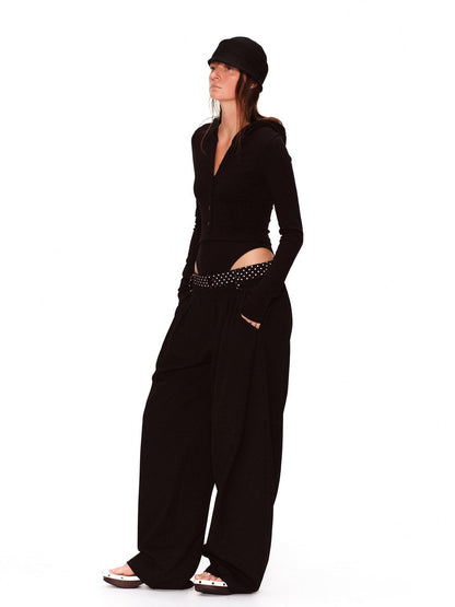 RUN TO THE FUTURE Polka Dot Patchwork Pleated Mid Low Rise Casual Unisex Wide Leg Pants