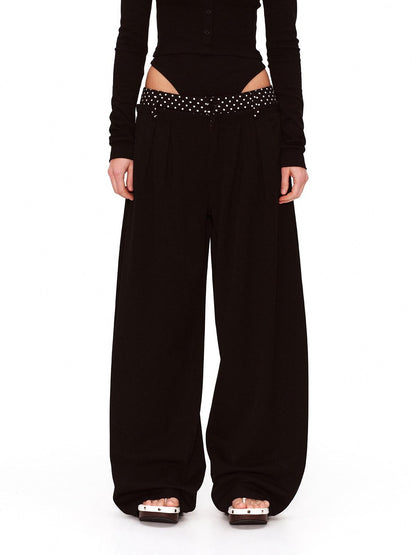 RUN TO THE FUTURE Polka Dot Patchwork Pleated Mid Low Rise Casual Unisex Wide Leg Pants
