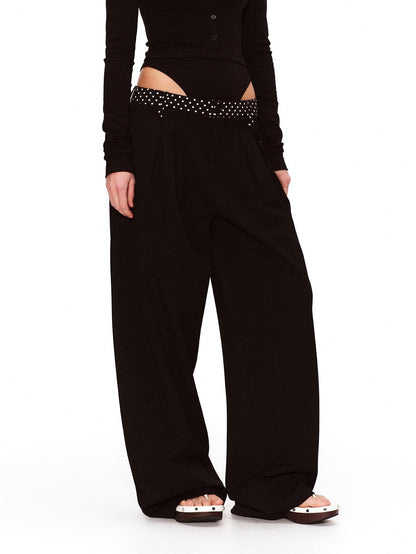 RUN TO THE FUTURE Polka Dot Patchwork Pleated Mid Low Rise Casual Unisex Wide Leg Pants