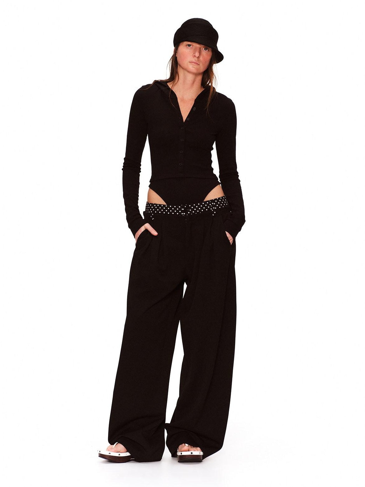 RUN TO THE FUTURE Polka Dot Patchwork Pleated Mid Low Rise Casual Unisex Wide Leg Pants