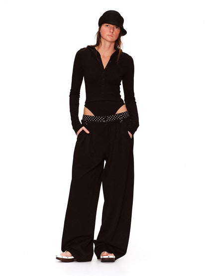 RUN TO THE FUTURE Polka Dot Patchwork Pleated Mid Low Rise Casual Unisex Wide Leg Pants