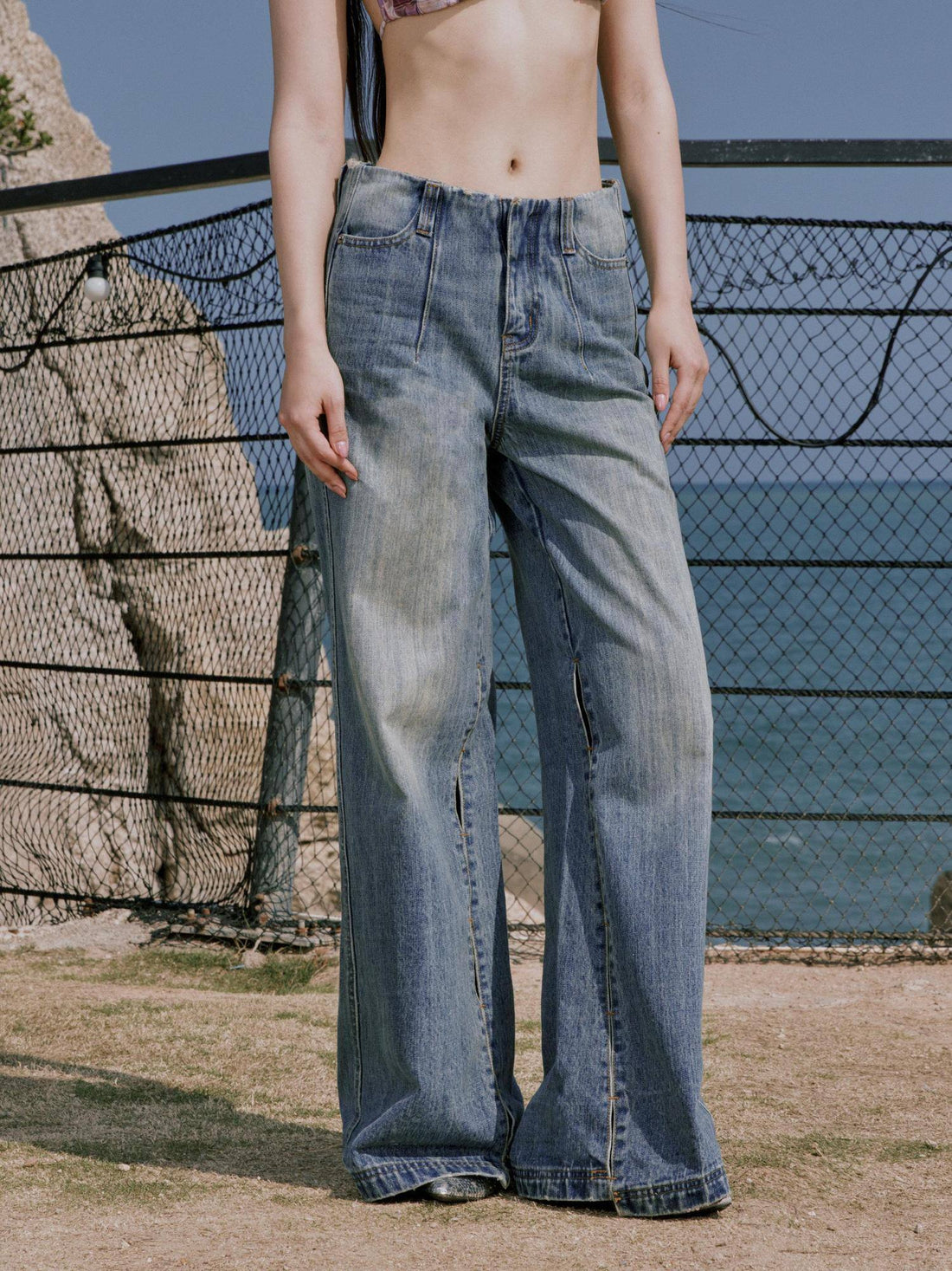 RUN TO THE FUTURE Premium Cotton Whiskered Low Rise Vintage Wash Blue Women Denim Straight Jeans
