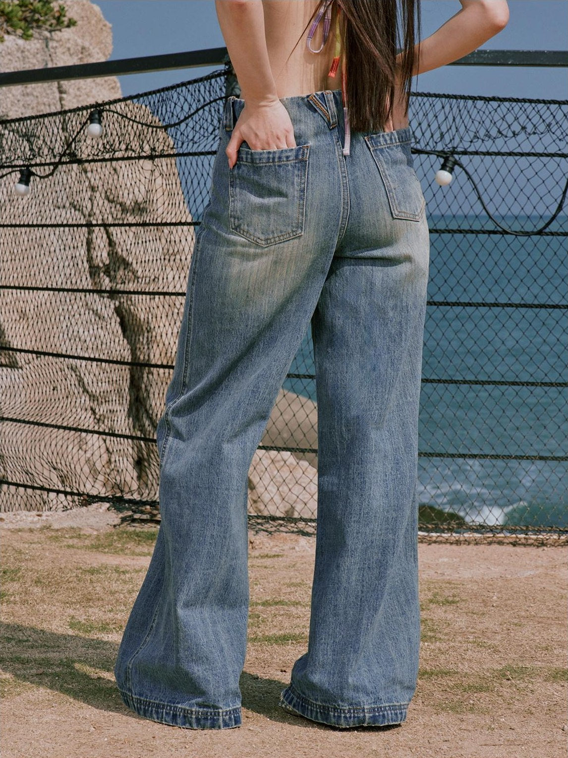RUN TO THE FUTURE Premium Cotton Whiskered Low Rise Vintage Wash Blue Women Denim Straight Jeans