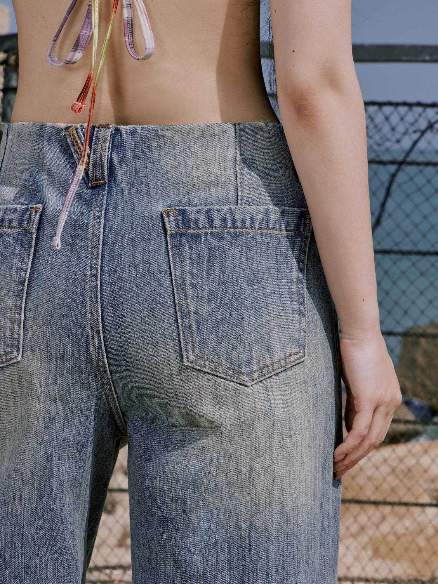 RUN TO THE FUTURE Premium Cotton Whiskered Low Rise Vintage Wash Blue Women Denim Straight Jeans
