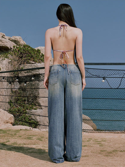 RUN TO THE FUTURE Premium Cotton Whiskered Low Rise Vintage Wash Blue Women Denim Straight Jeans