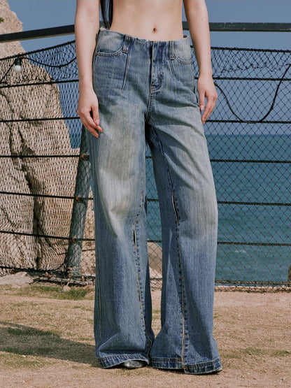 RUN TO THE FUTURE Premium Cotton Whiskered Low Rise Vintage Wash Blue Women Denim Straight Jeans