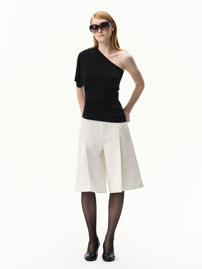 RUN TO THE FUTURE Pressed Pleats Boxy Mid Rise Straight Solid Women&