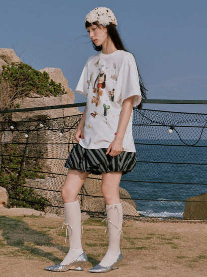 RUN TO THE FUTURE Pure Cotton Casual Loose Button Lace Print Women Short Sleeve T-Shirts
