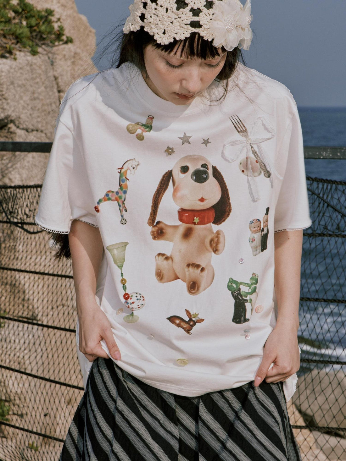 RUN TO THE FUTURE Pure Cotton Casual Loose Button Lace Print Women Short Sleeve T-Shirts