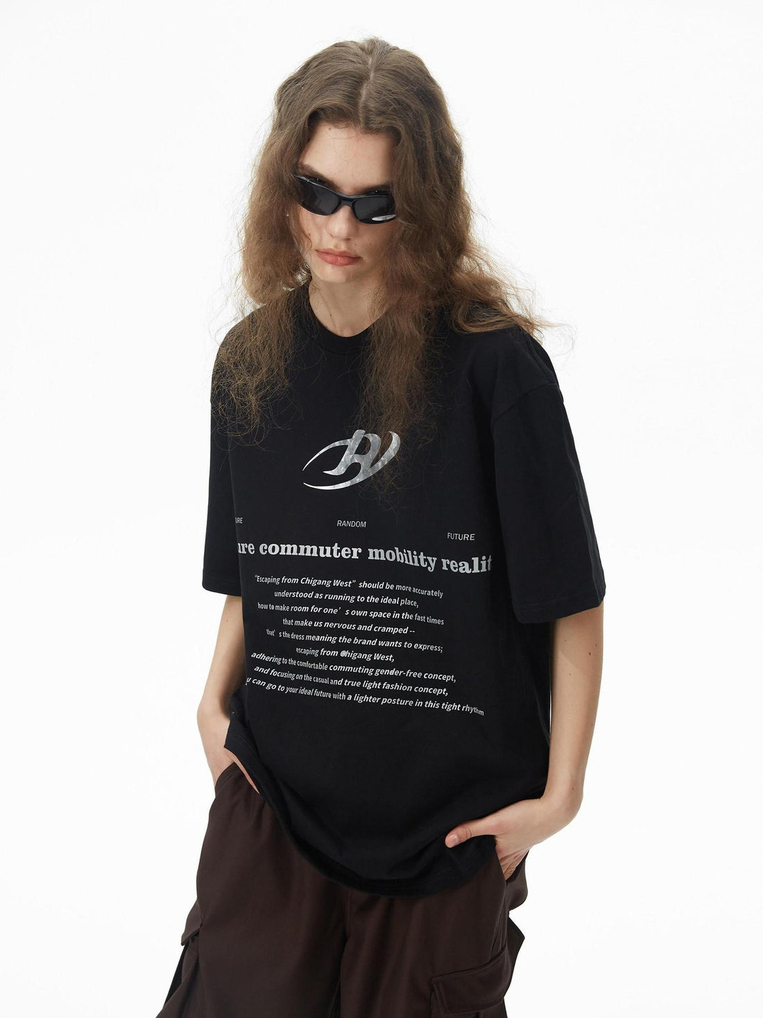 RUN TO THE FUTURE Pure Cotton Geometric Street Loose Fit Unisex Black Crew Short Sleeve T-Shirts